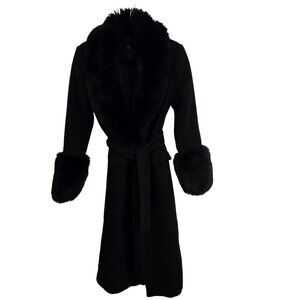 House Of Harlow 1960 Faux Fur Black Wool Blend Belted Coat Pockets Size S